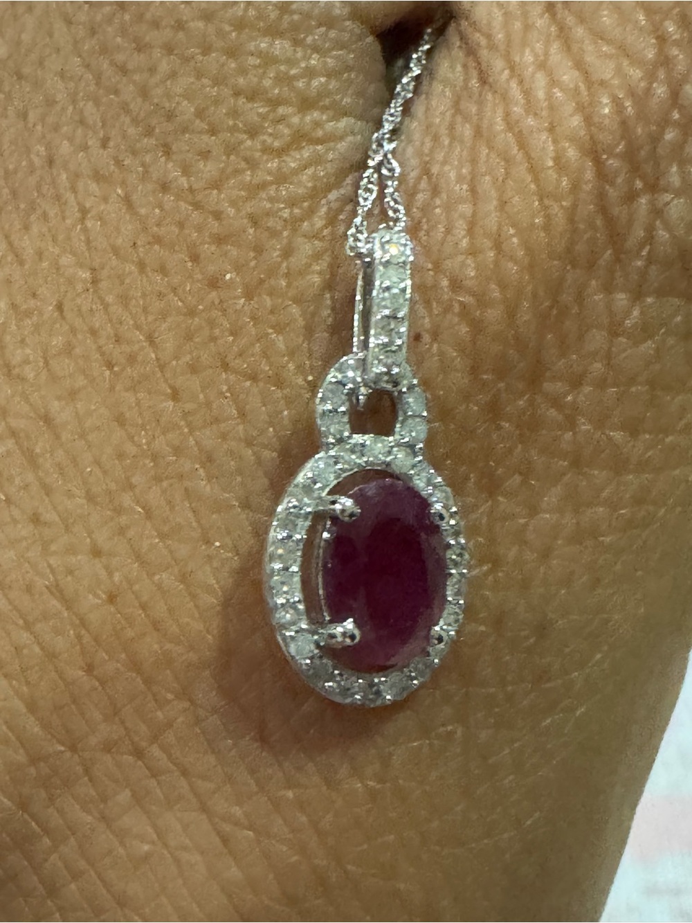 Vintage 1CT Natural Ruby & Diamonds Halo Pendant Necklace 10K White Gold - Picture 3 of 17